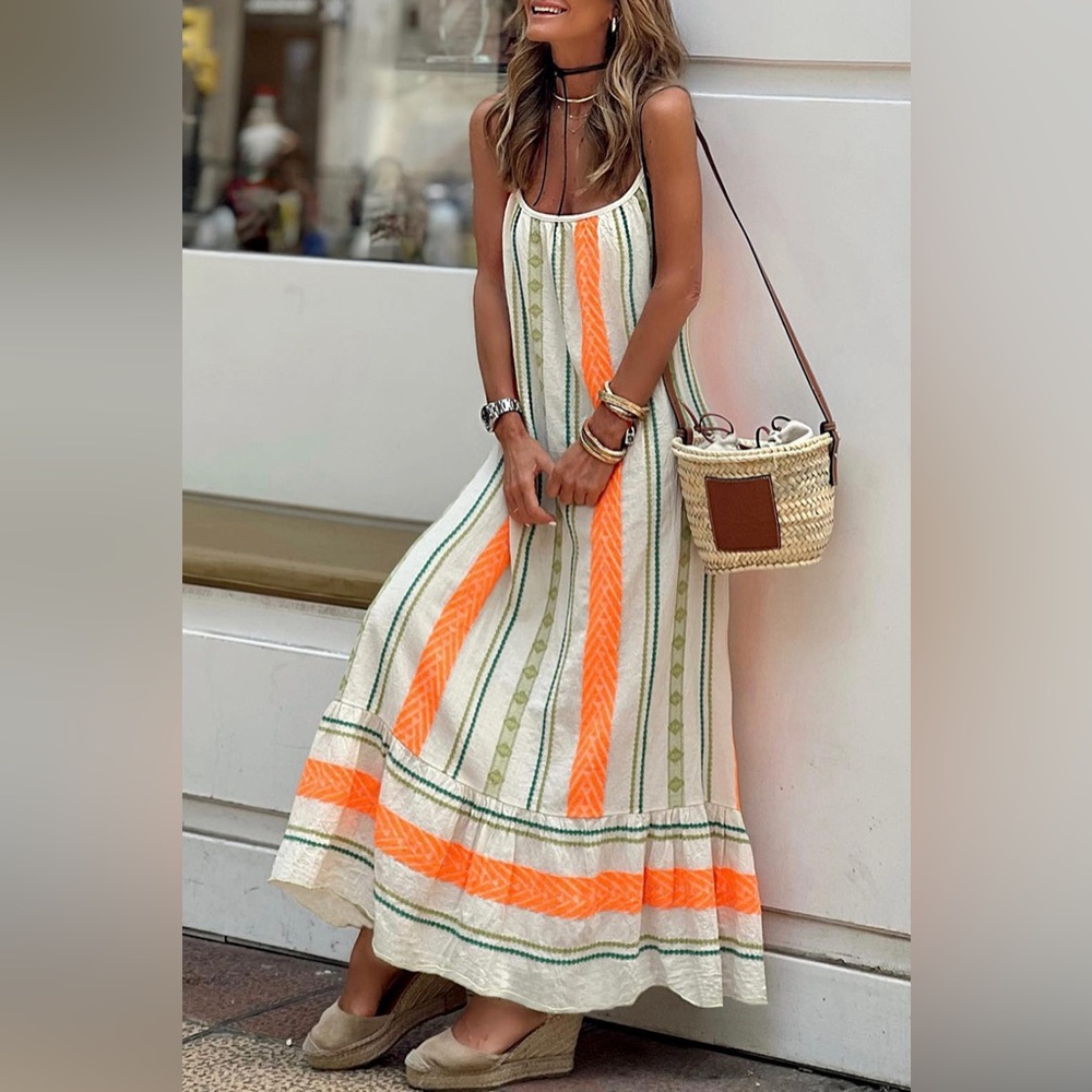 Boho Stripe Maxi Dress in Cream & Orange